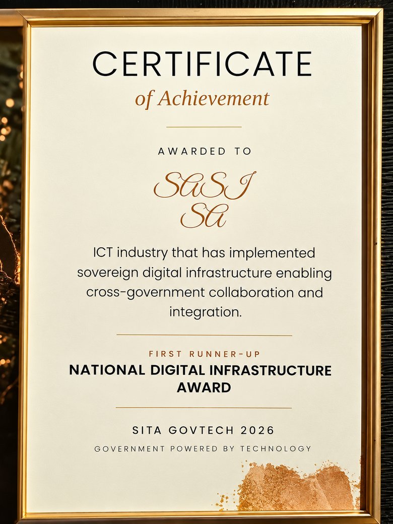 The certificate naming SASI SA First Runner-Up for the National Digital Infrastructure Award.